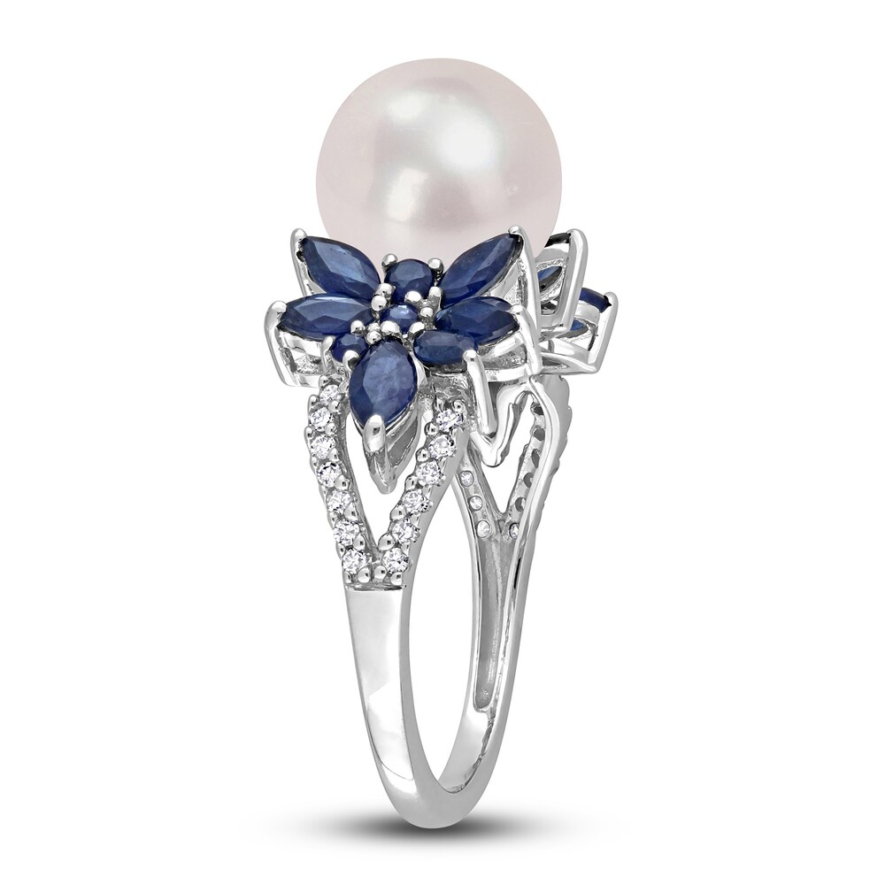 Cultured Freshwater Pearl & Natural Blue Sapphire Ring 1/8 ct tw Diamonds 14K White Gold 2QluXJGB