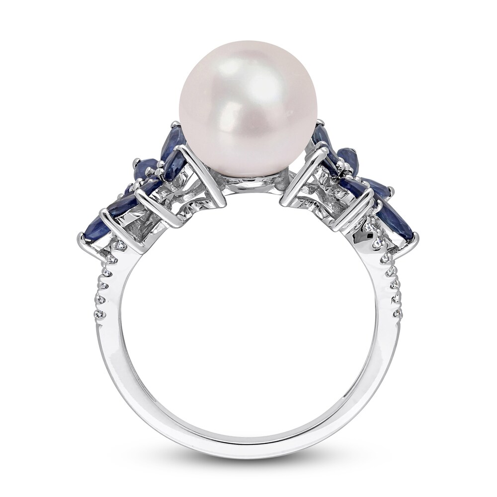 Cultured Freshwater Pearl & Natural Blue Sapphire Ring 1/8 ct tw Diamonds 14K White Gold 2QluXJGB