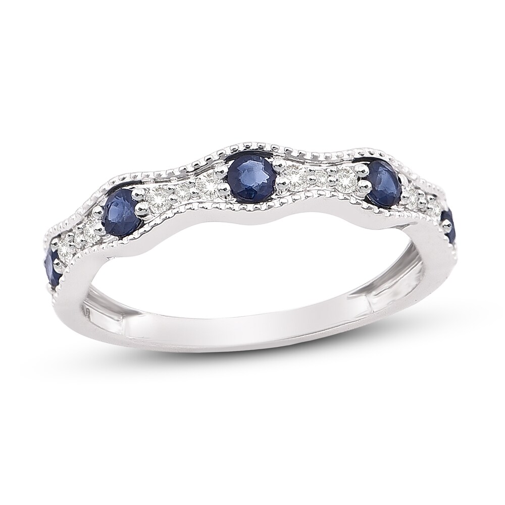 Natural Blue Sapphire Anniversary Ring 1/8 ct tw Diamonds 14K White Gold 32FI7P0s