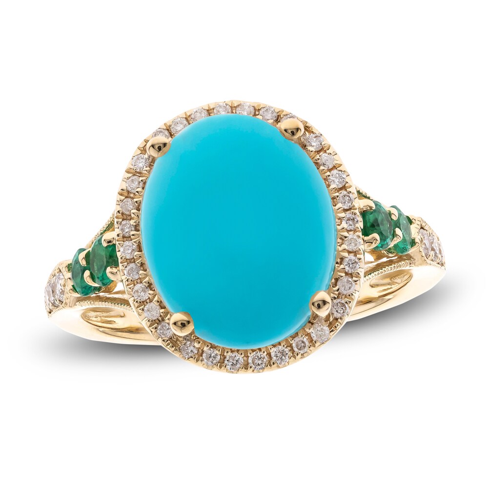 Natural Turquoise & Natural Emerald Ring 1/4 ct tw Diamonds 14K Yellow Gold 4np9oJm5