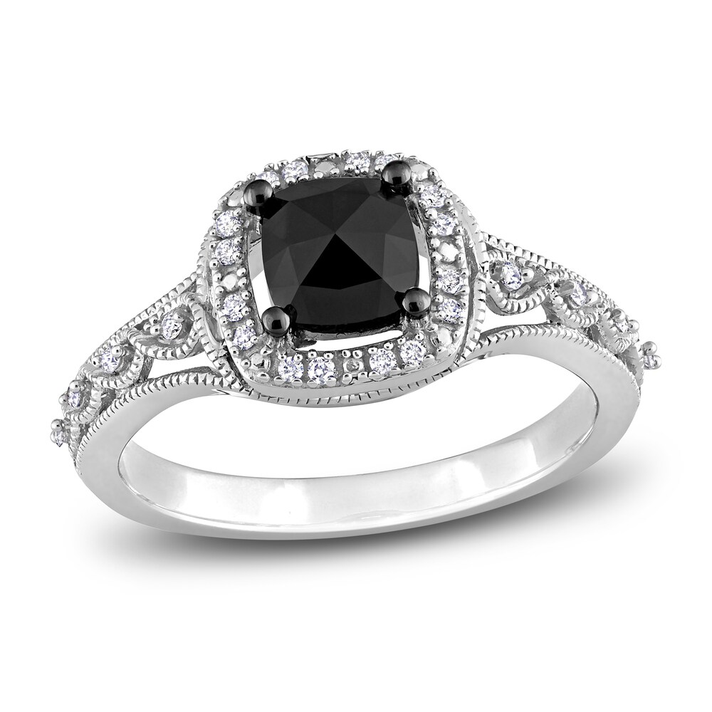 Black & White Diamond Halo Engagement Ring 1-1/6 ct tw Cushion/Round 14K White Gold 5Dhv4Z0p