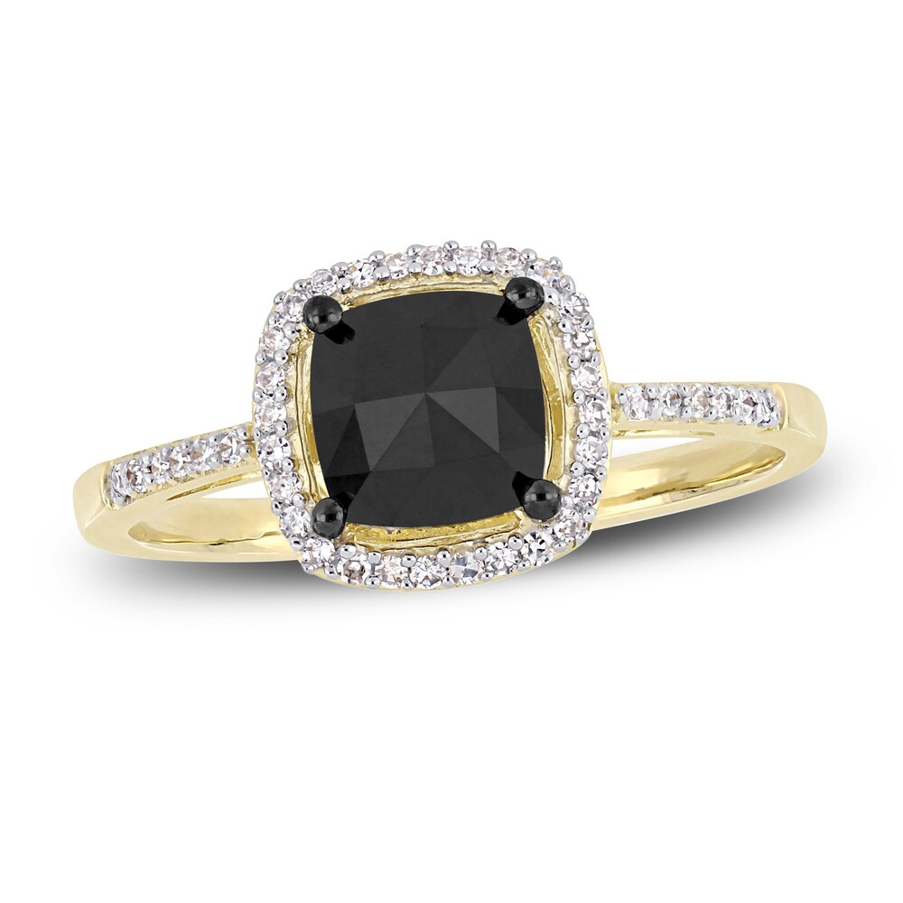 Black & White Diamond Halo Engagement Ring 1 ct tw Cushion/Round 14K Yellow Gold 5sntZB7I