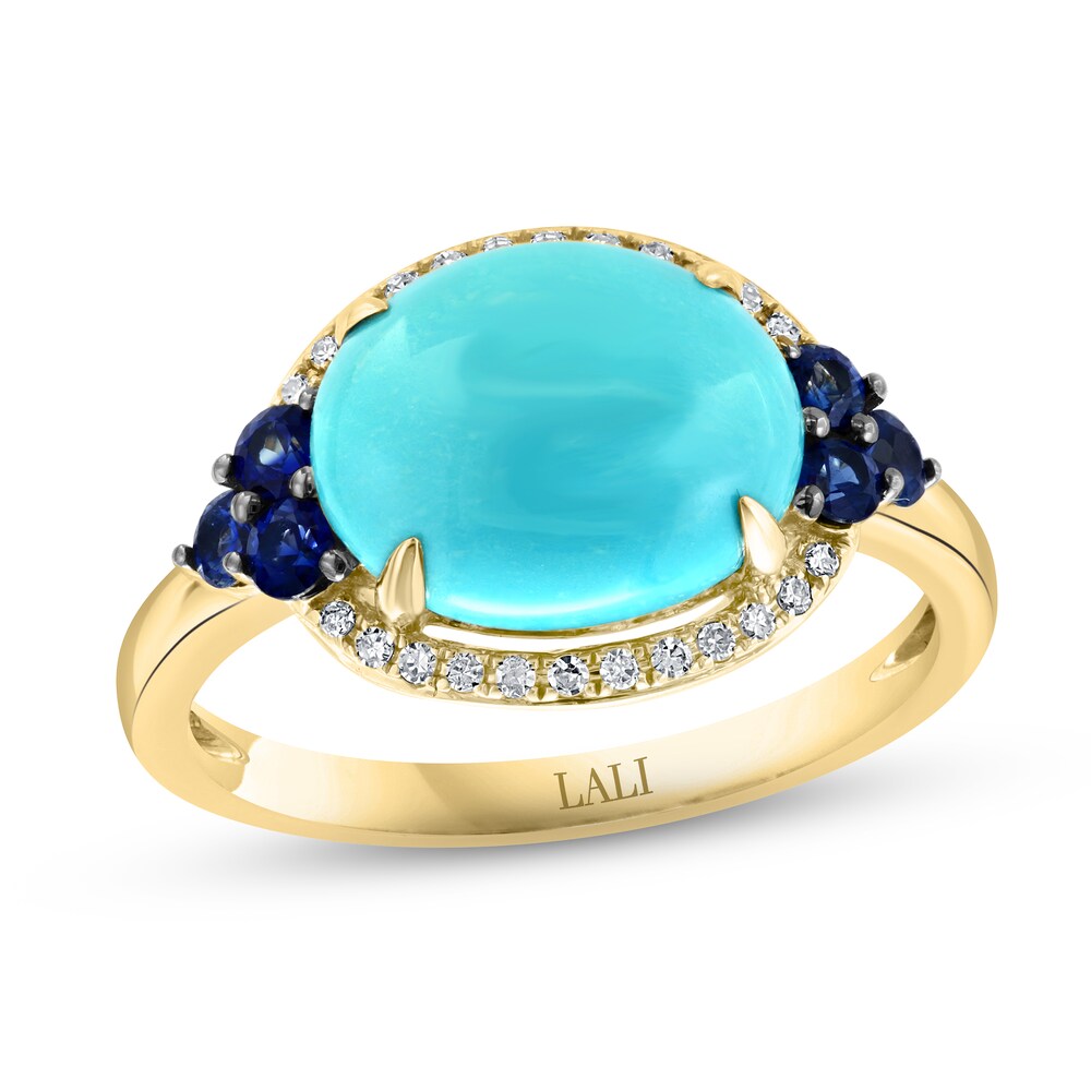 LALI Jewels Natural Blue Sapphire & Natural Turquoise Ring 1/10 ct tw Diamonds 14K Yellow Gold EFa47fAJ