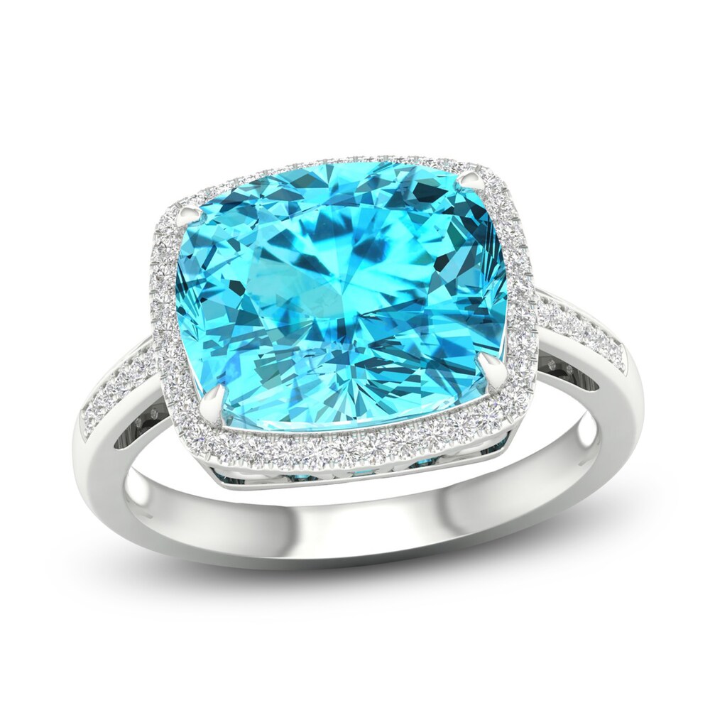 Natural Swiss Blue Topaz Ring 1/6 ct tw Diamonds 10K White Gold FbsjRW08 [FbsjRW08]