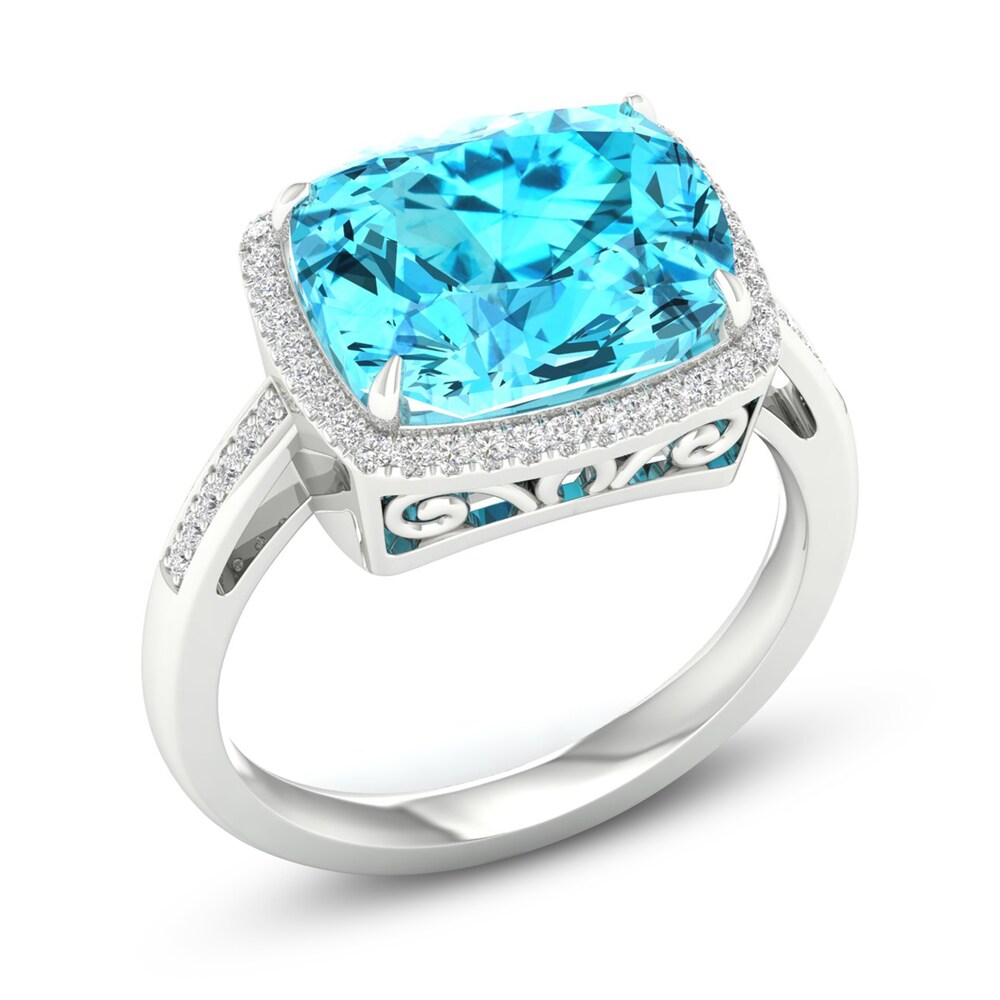 Natural Swiss Blue Topaz Ring 1/6 ct tw Diamonds 10K White Gold FbsjRW08