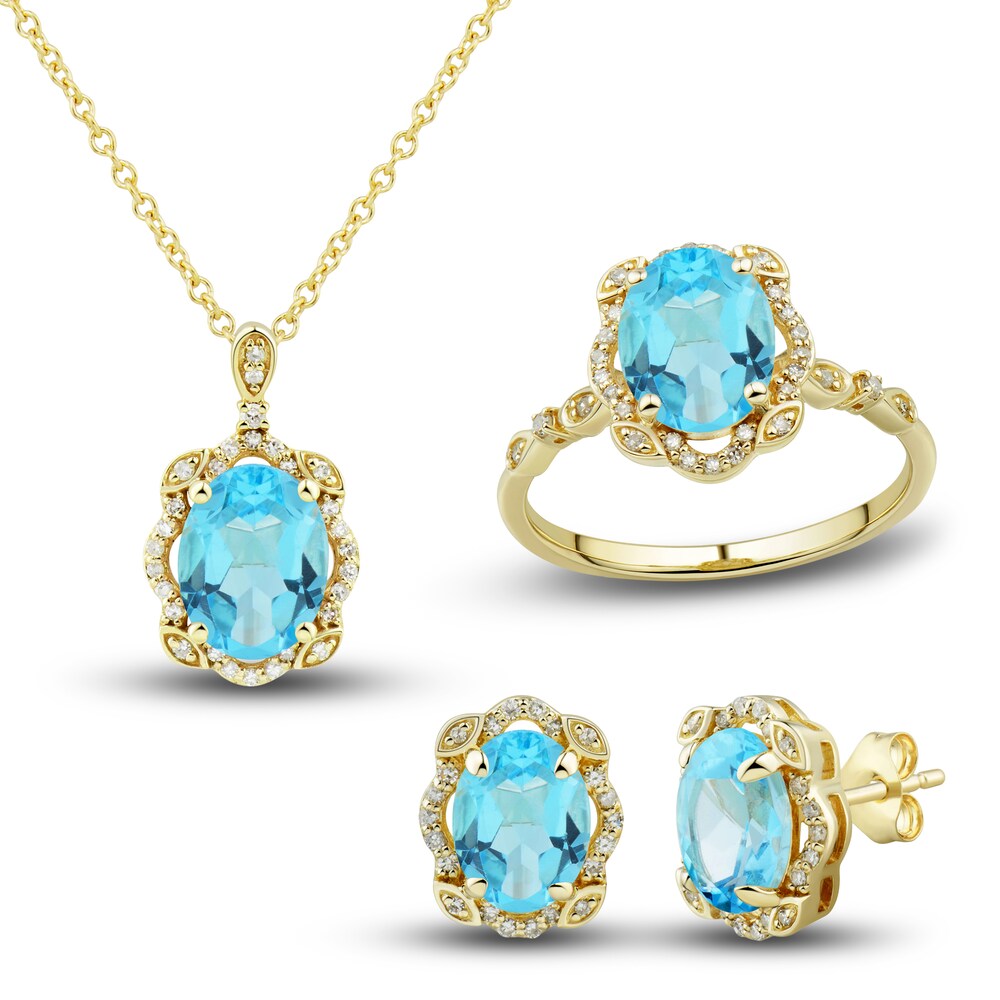 Natural Swiss Blue Topaz Ring, Earring & Necklace Set 1/3 ct tw Diamonds 10K Yellow Gold HIpZdcGD [HIpZdcGD]