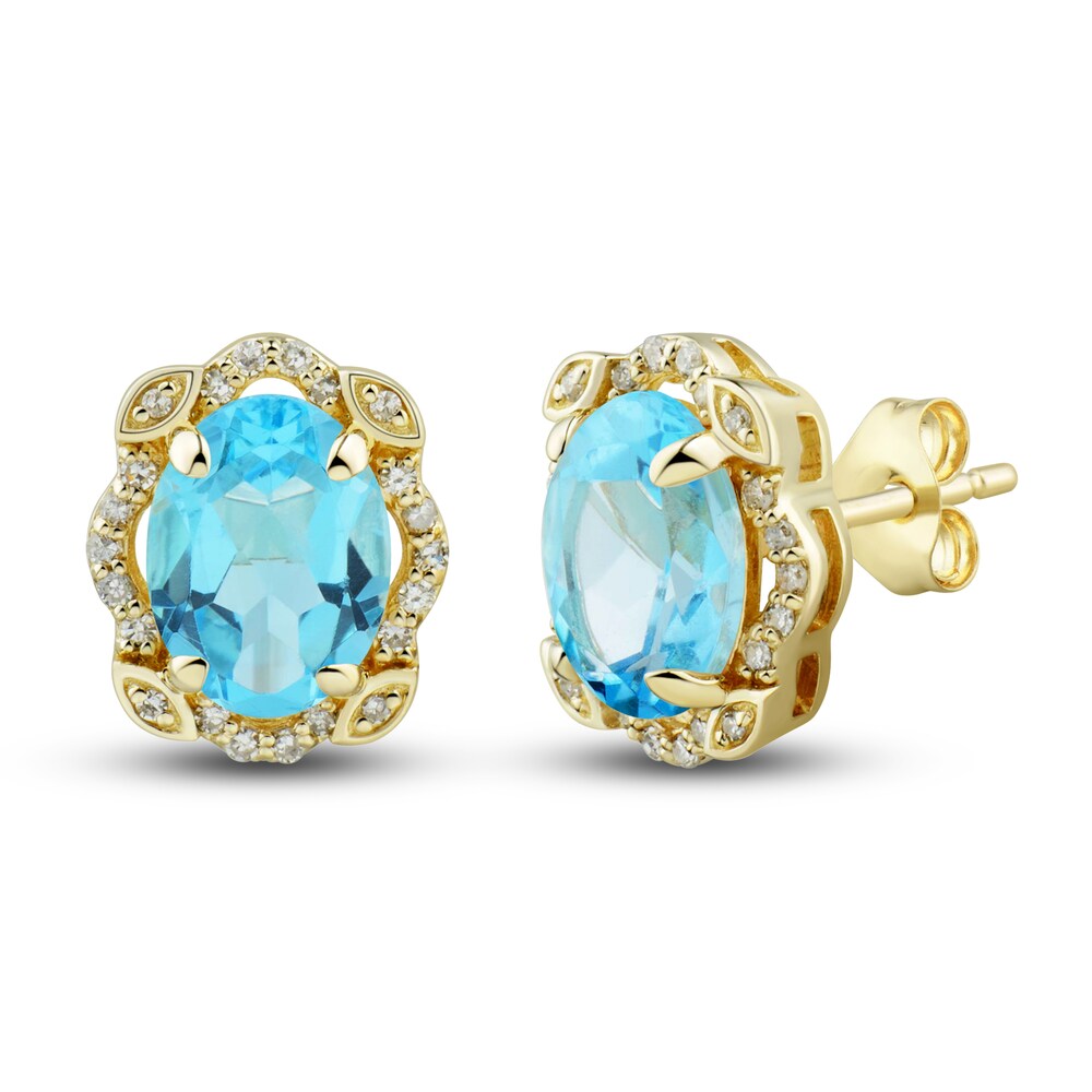 Natural Swiss Blue Topaz Ring, Earring & Necklace Set 1/3 ct tw Diamonds 10K Yellow Gold HIpZdcGD