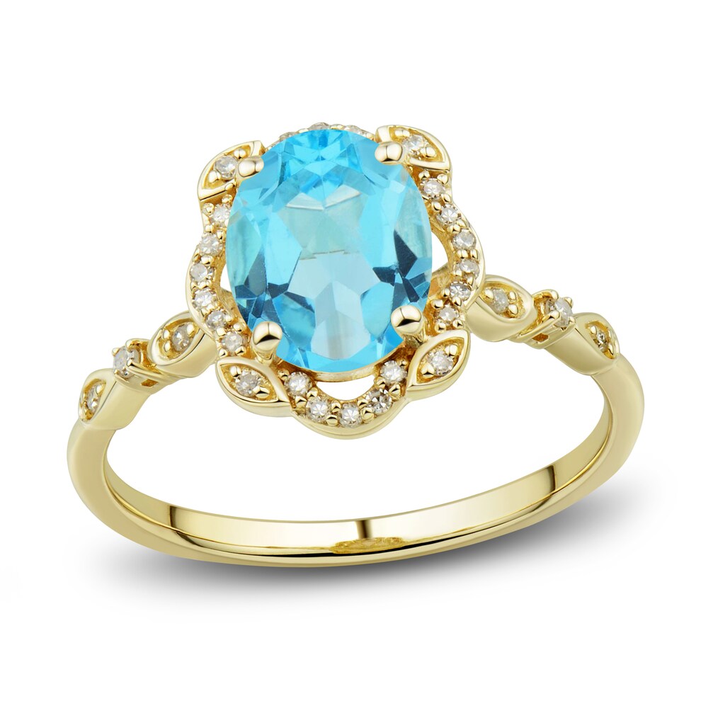 Natural Swiss Blue Topaz Ring, Earring & Necklace Set 1/3 ct tw Diamonds 10K Yellow Gold HIpZdcGD