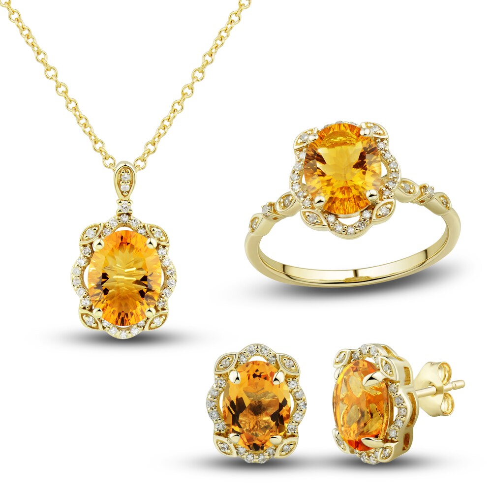 Natural Citrine Ring, Earring & Necklace Set 1/3 ct tw Diamonds 10K Yellow Gold KgUN9CCp