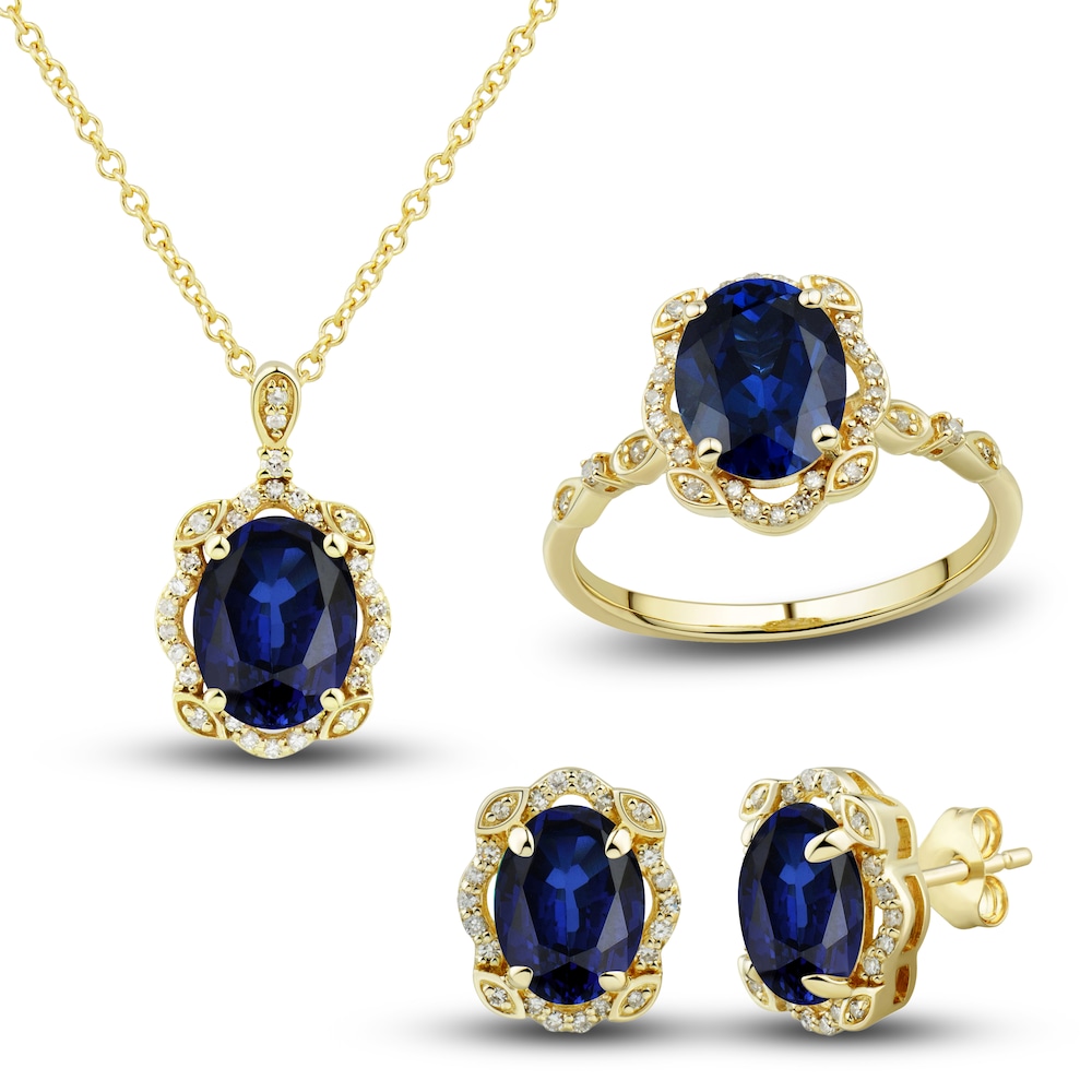 Lab-Created Blue Sapphire Ring, Earring & Necklace Set 1/3 ct tw Diamonds 10K Yellow Gold NRc5x1mH [NRc5x1mH]