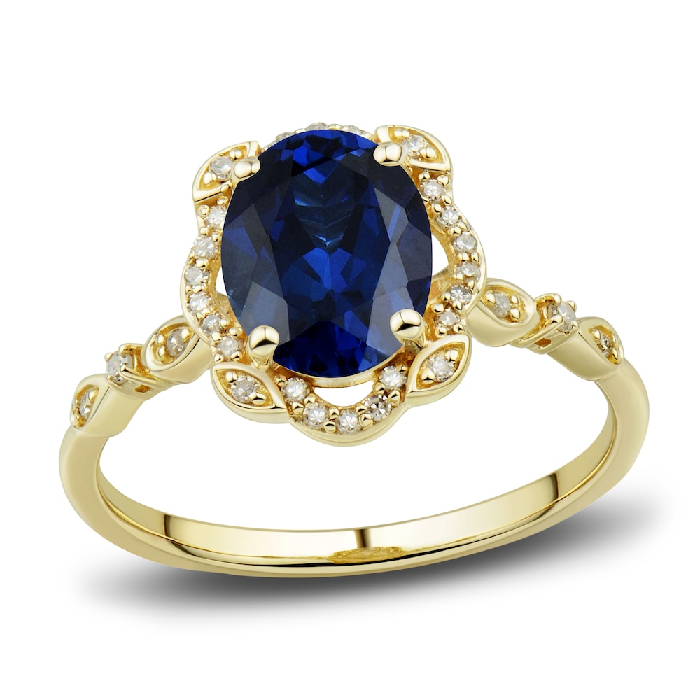 Lab-Created Blue Sapphire Ring, Earring & Necklace Set 1/3 ct tw Diamonds 10K Yellow Gold NRc5x1mH