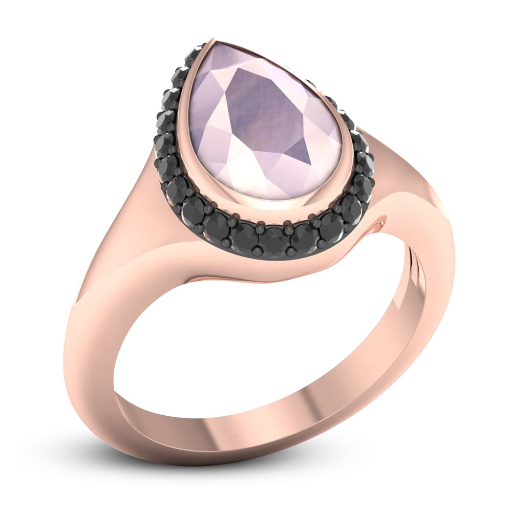 Natural Pink Quartz & Black Diamond Ring 1/4 ct tw Round 10K Rose Gold O9xiBcct