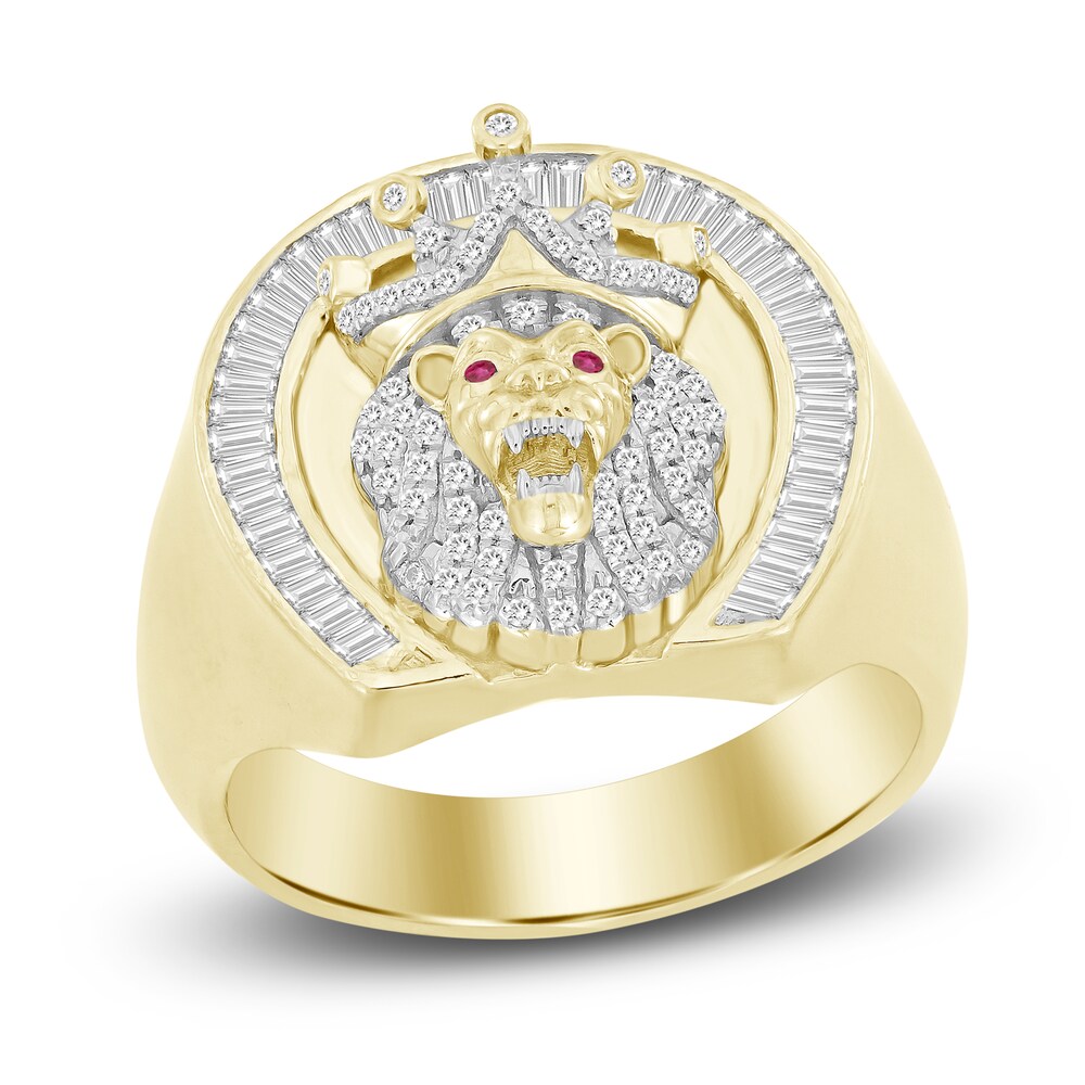Men's Diamond & Lab-Created Ruby Lion Ring 1/2 ct tw Round/Baguette 10K Yellow Gold QRJhl340