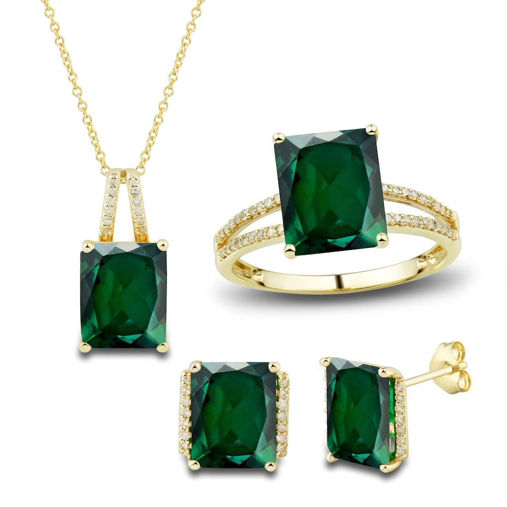 Lab-Created Emerald Ring, Earring & Necklace Set 1/5 ct tw Diamonds 10K Yellow Gold QpIHITNB [QpIHITNB]