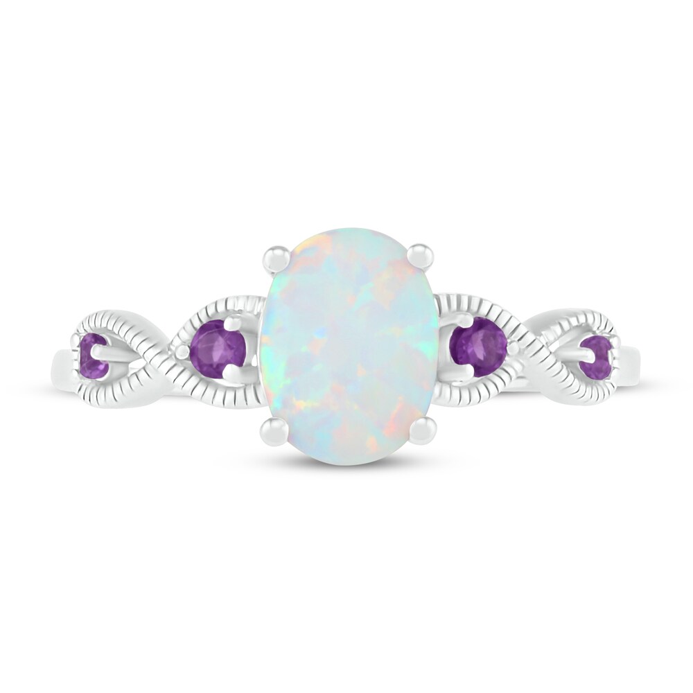 Lab-Created Opal & Natural Amethyst Ring Oval/Round Sterling Silver SYgp0uEr