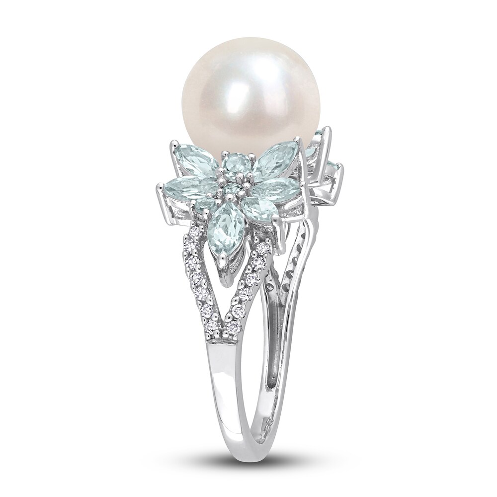 Cultured Freshwater Pearl & Natural Aquamarine Ring 1/8 ct tw Diamonds 14K White Gold UcG58Dio