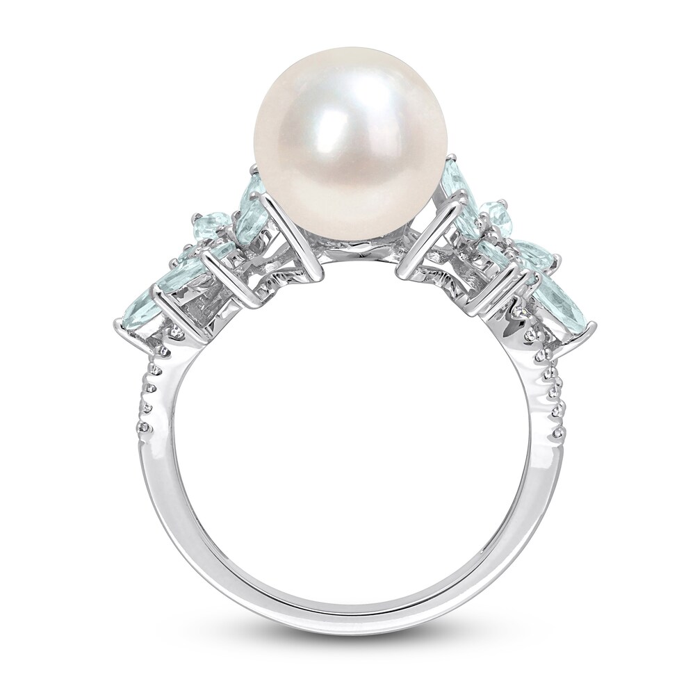 Cultured Freshwater Pearl & Natural Aquamarine Ring 1/8 ct tw Diamonds 14K White Gold UcG58Dio