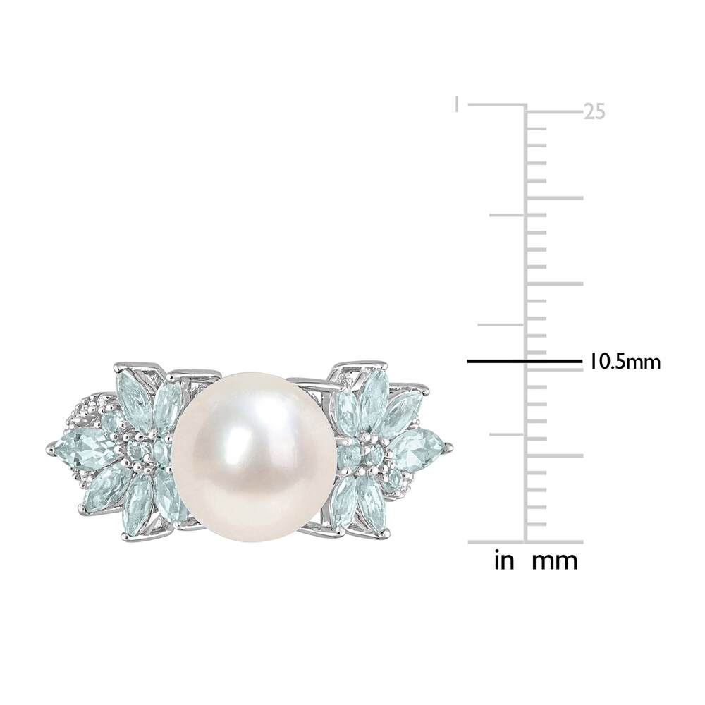 Cultured Freshwater Pearl & Natural Aquamarine Ring 1/8 ct tw Diamonds 14K White Gold UcG58Dio