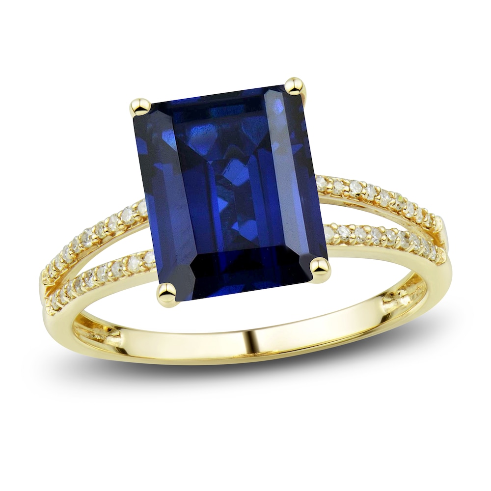 Lab-Created Blue Sapphire Ring, Earring & Necklace Set 1/5 ct tw Diamonds 10K Yellow Gold UmhHGpjd