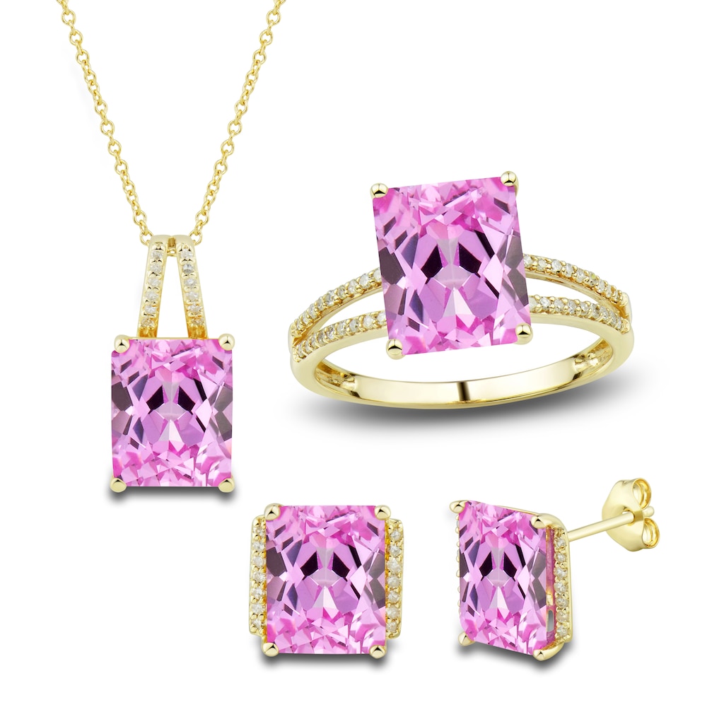 Lab-Created Pink Sapphire Ring, Earring & Necklace Set 1/5 ct tw Diamonds 10K Yellow Gold V9eSG0zy [V9eSG0zy]