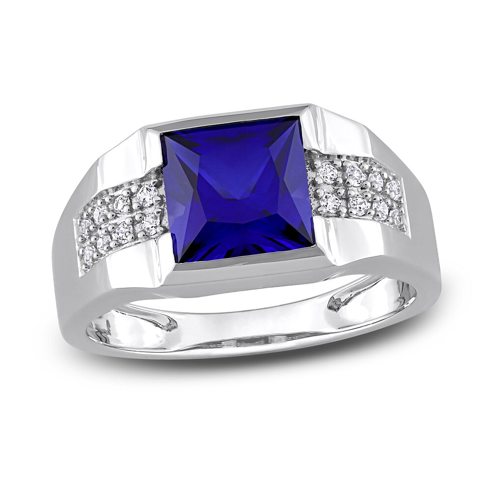 Men's Lab-Created Blue Sapphire & Lab-Created White Sapphire Ring 10K White Gold VTYTlEFe