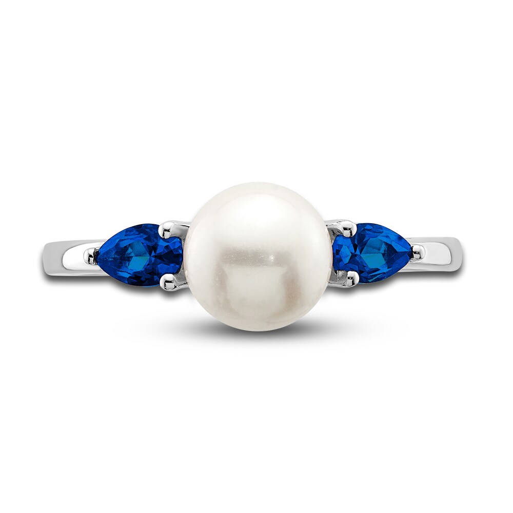 Cultured Freshwater Pearl & Natural Blue Sapphire Ring 14K White Gold W0rtODA9