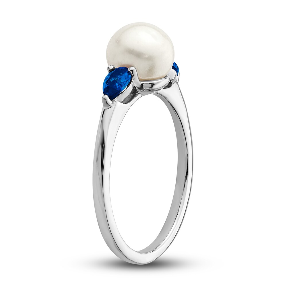 Cultured Freshwater Pearl & Natural Blue Sapphire Ring 14K White Gold W0rtODA9