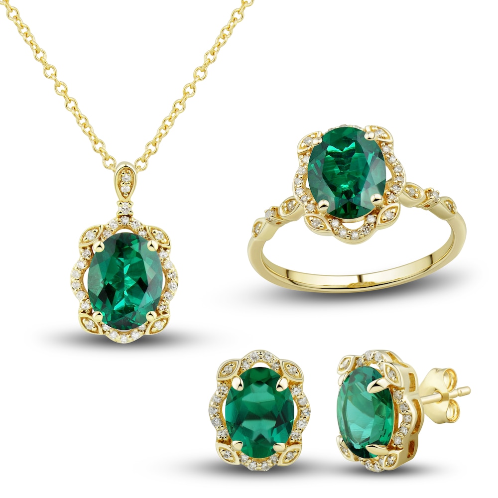 Lab-Created Emerald Ring, Earring & Necklace Set 1/3 ct tw Diamonds 10K Yellow Gold XRJ5Xvui [XRJ5Xvui]