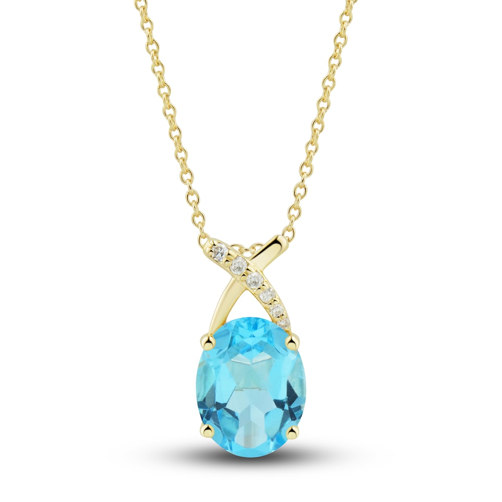 Natural Swiss Blue Topaz Ring, Earring & Necklace Set 1/5 ct tw Diamonds 10K Yellow Gold Z9SF0q8L