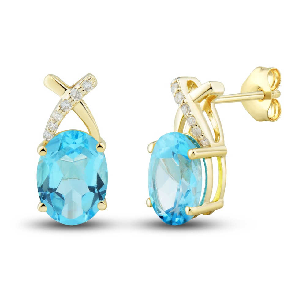 Natural Swiss Blue Topaz Ring, Earring & Necklace Set 1/5 ct tw Diamonds 10K Yellow Gold Z9SF0q8L