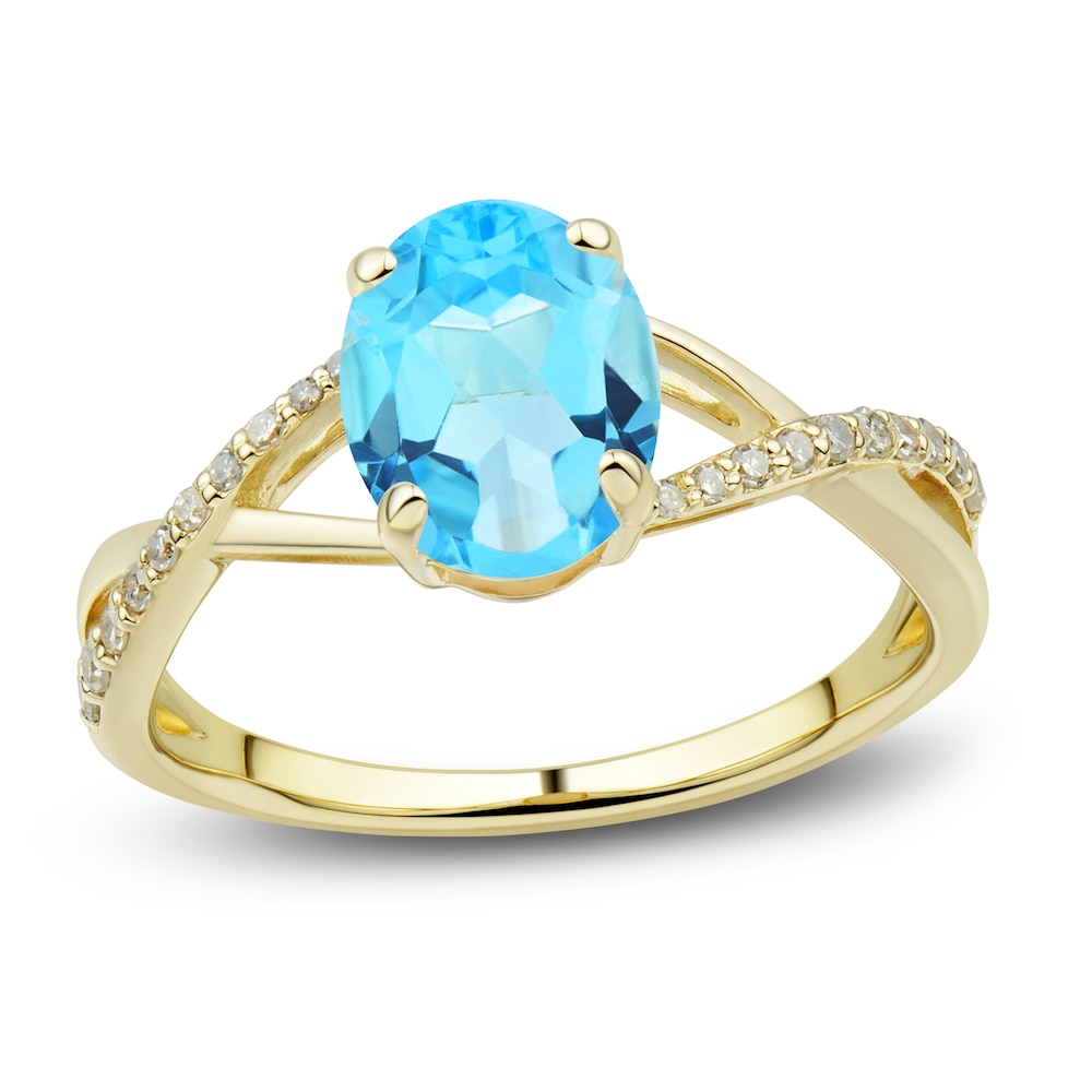 Natural Swiss Blue Topaz Ring, Earring & Necklace Set 1/5 ct tw Diamonds 10K Yellow Gold Z9SF0q8L