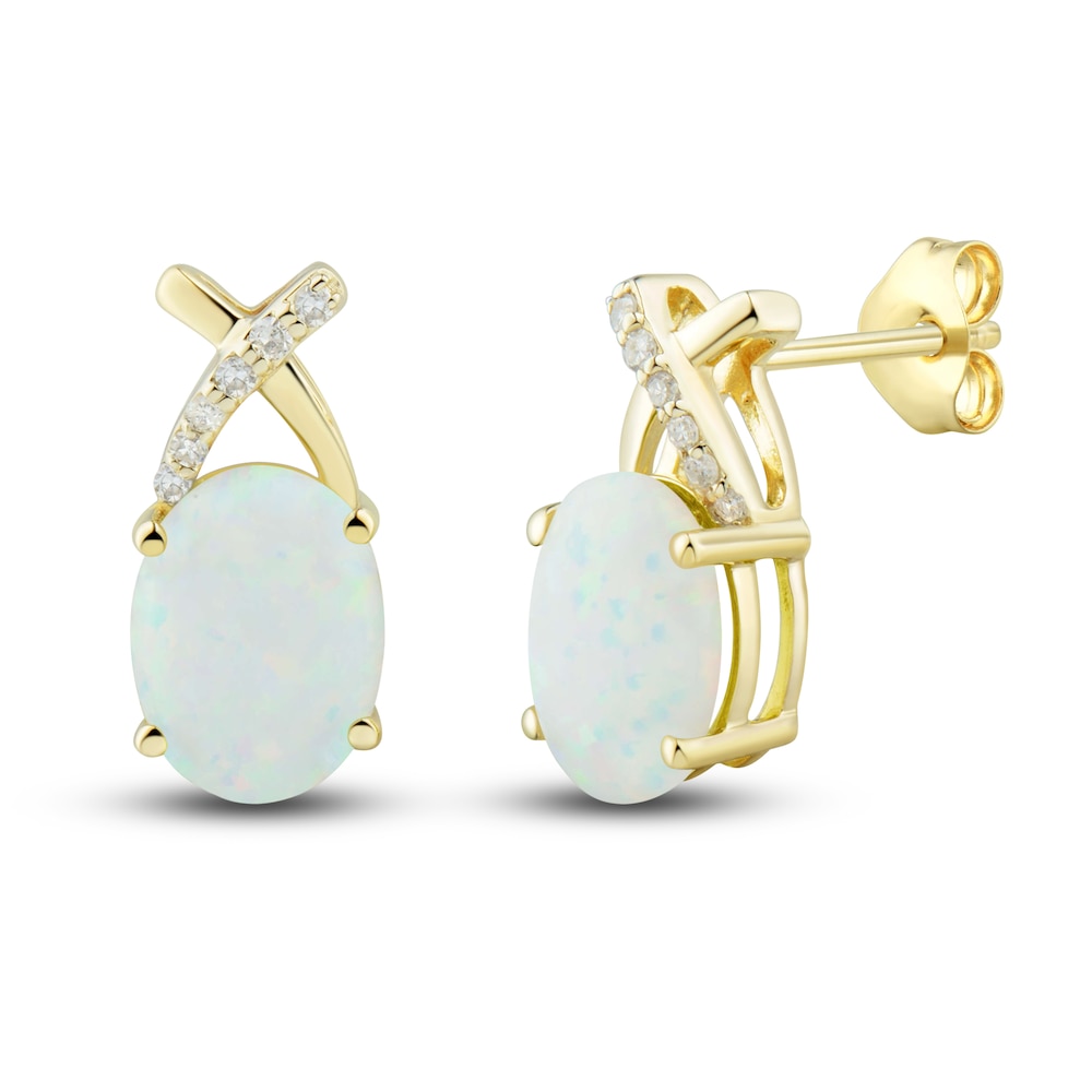 Lab-Created Opal Ring, Earring & Necklace Set 1/5 ct tw Diamonds 10K Yellow Gold ZEH0w3Rm