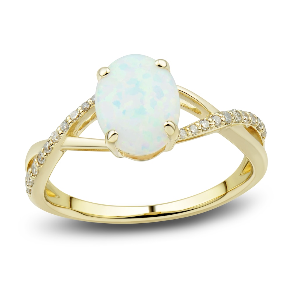 Lab-Created Opal Ring, Earring & Necklace Set 1/5 ct tw Diamonds 10K Yellow Gold ZEH0w3Rm