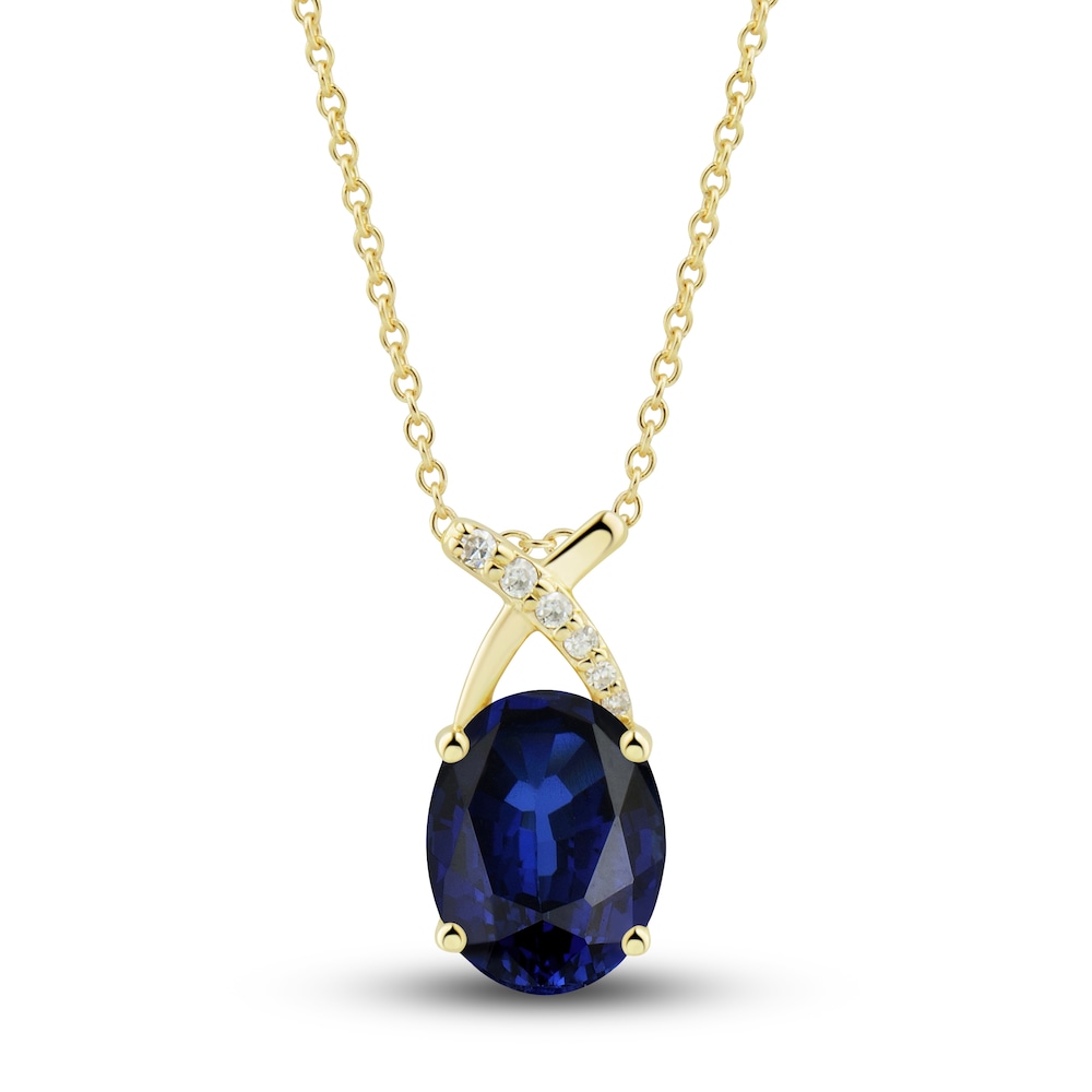 Lab-Created Blue Sapphire Ring, Earring & Necklace Set 1/5 ct tw Diamonds 10K Yellow Gold ZddlqmRV