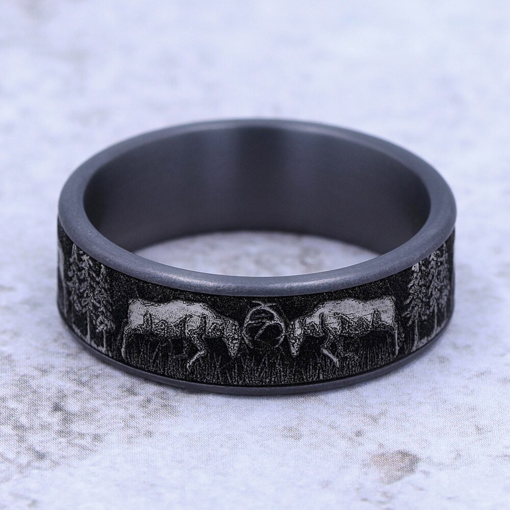 Deer Fight Wedding Band Black Tantalum 7.5mm anco6vKW