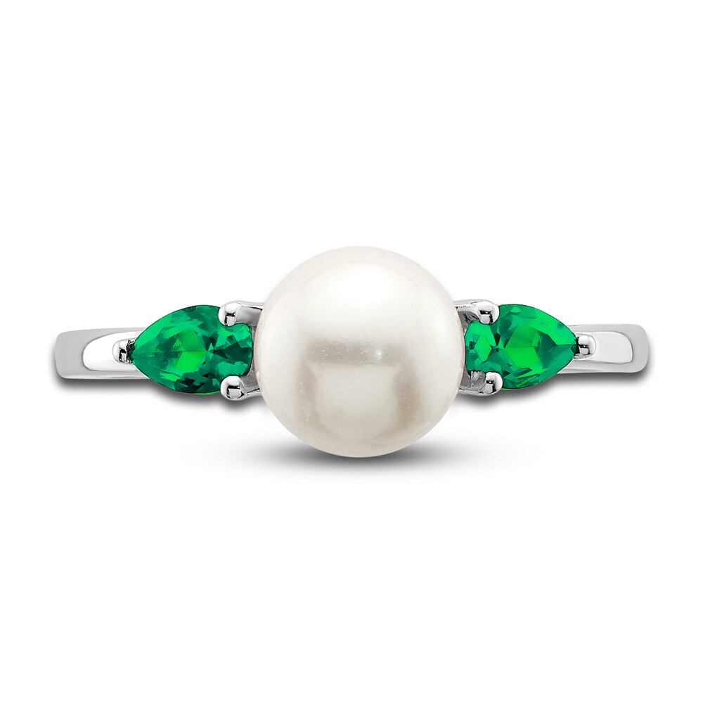 Cultured Freshwater Pearl & Natural Emerald Ring 14K White Gold axMFahup