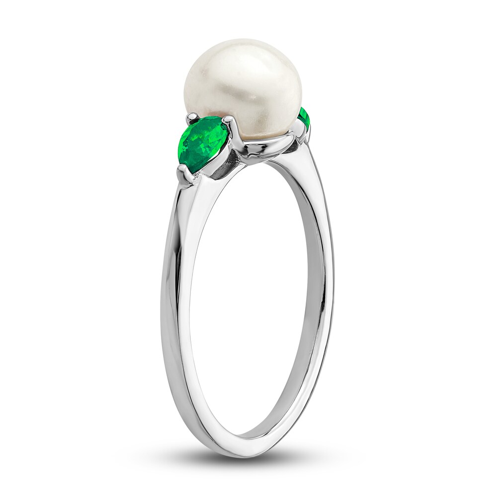 Cultured Freshwater Pearl & Natural Emerald Ring 14K White Gold axMFahup