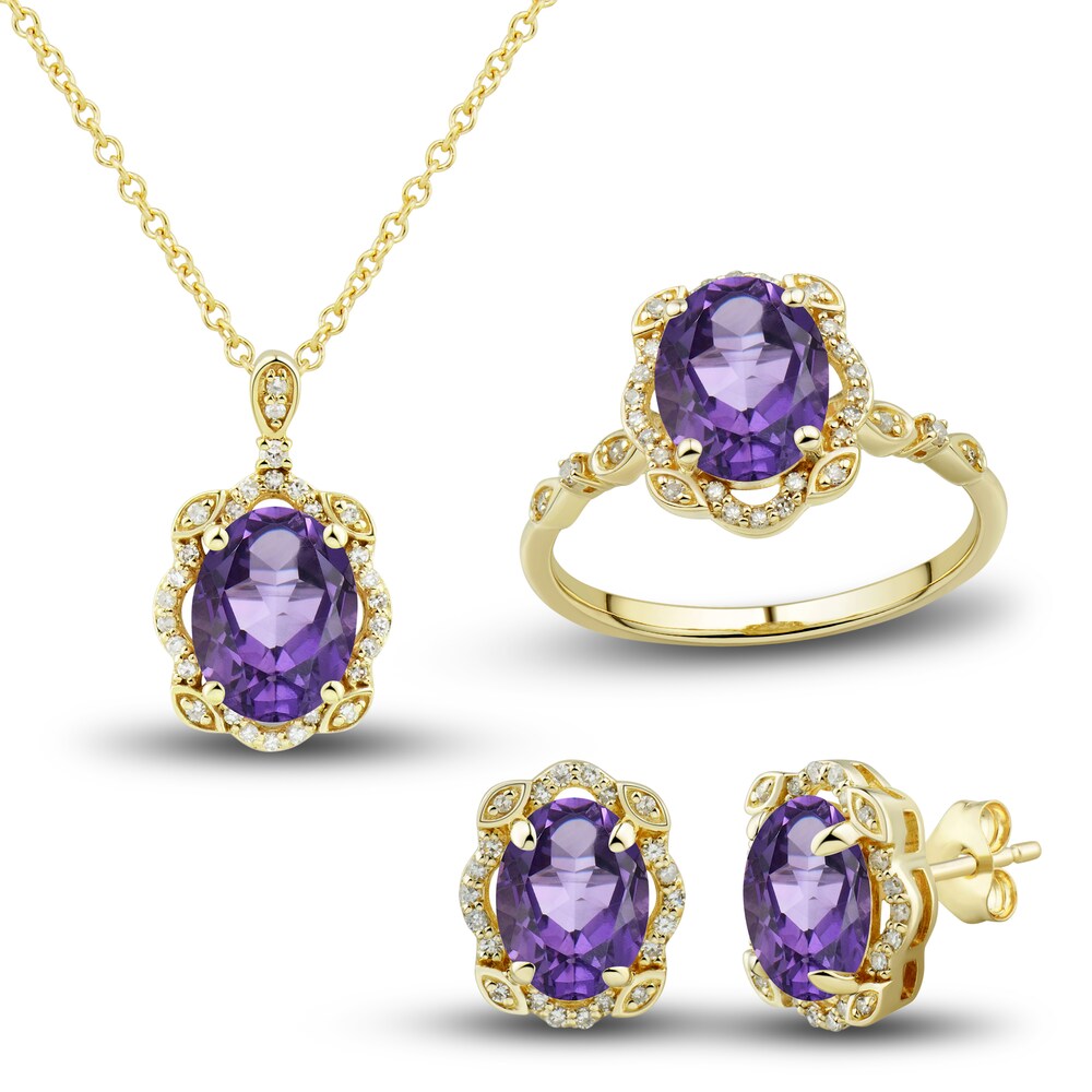Natural Amethyst Ring, Earring & Necklace Set 1/3 ct tw Diamonds 10K Yellow Gold bFxYEQMi