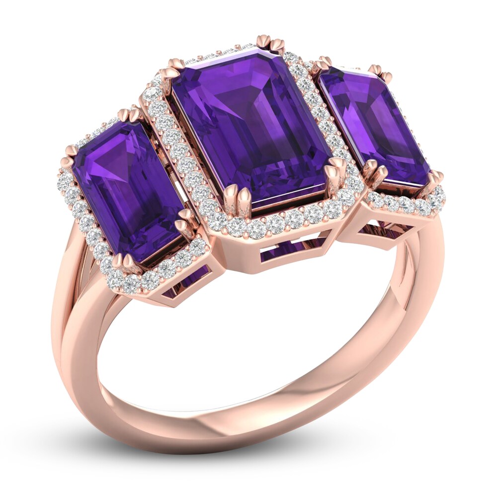 Natural Amethyst 3-Stone Ring 1/5 ct tw Diamonds 10K Rose Gold dVb0eyCP