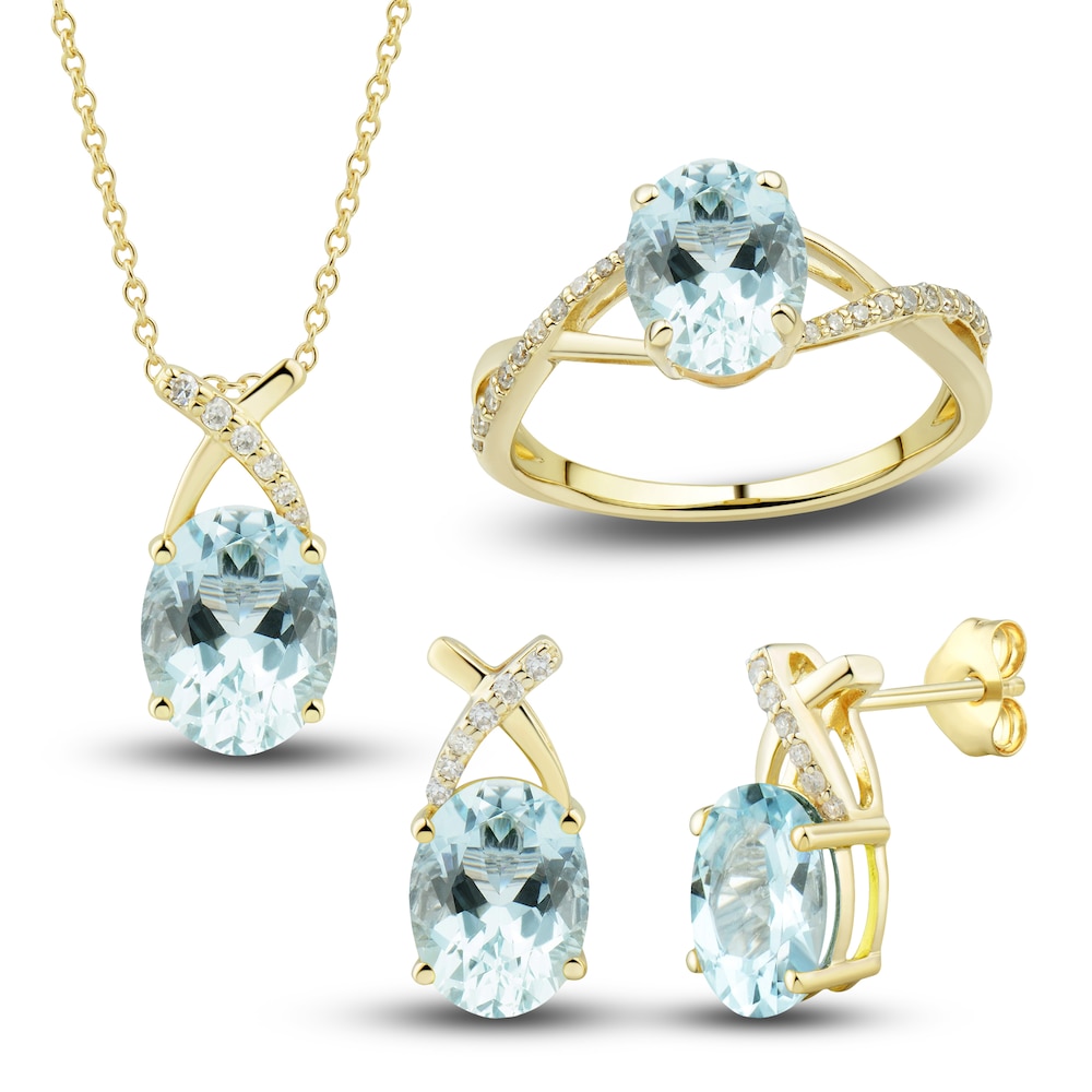 Natural Aquamarine Ring, Earring & Necklace Set 1/5 ct tw Diamonds 10K Yellow Gold dkZnRklY [dkZnRklY]