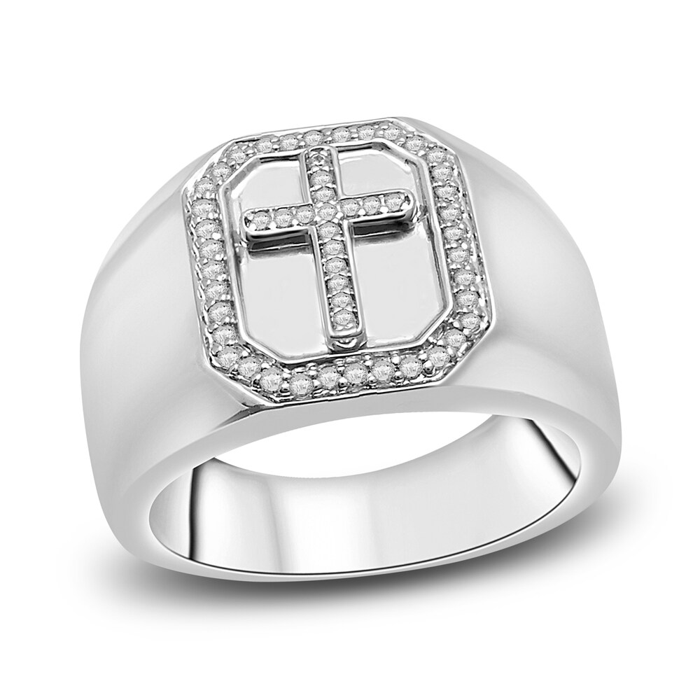 Men's Diamond Cross Signet Ring 1/4 ct tw Round Sterling Silver flZKfDPy