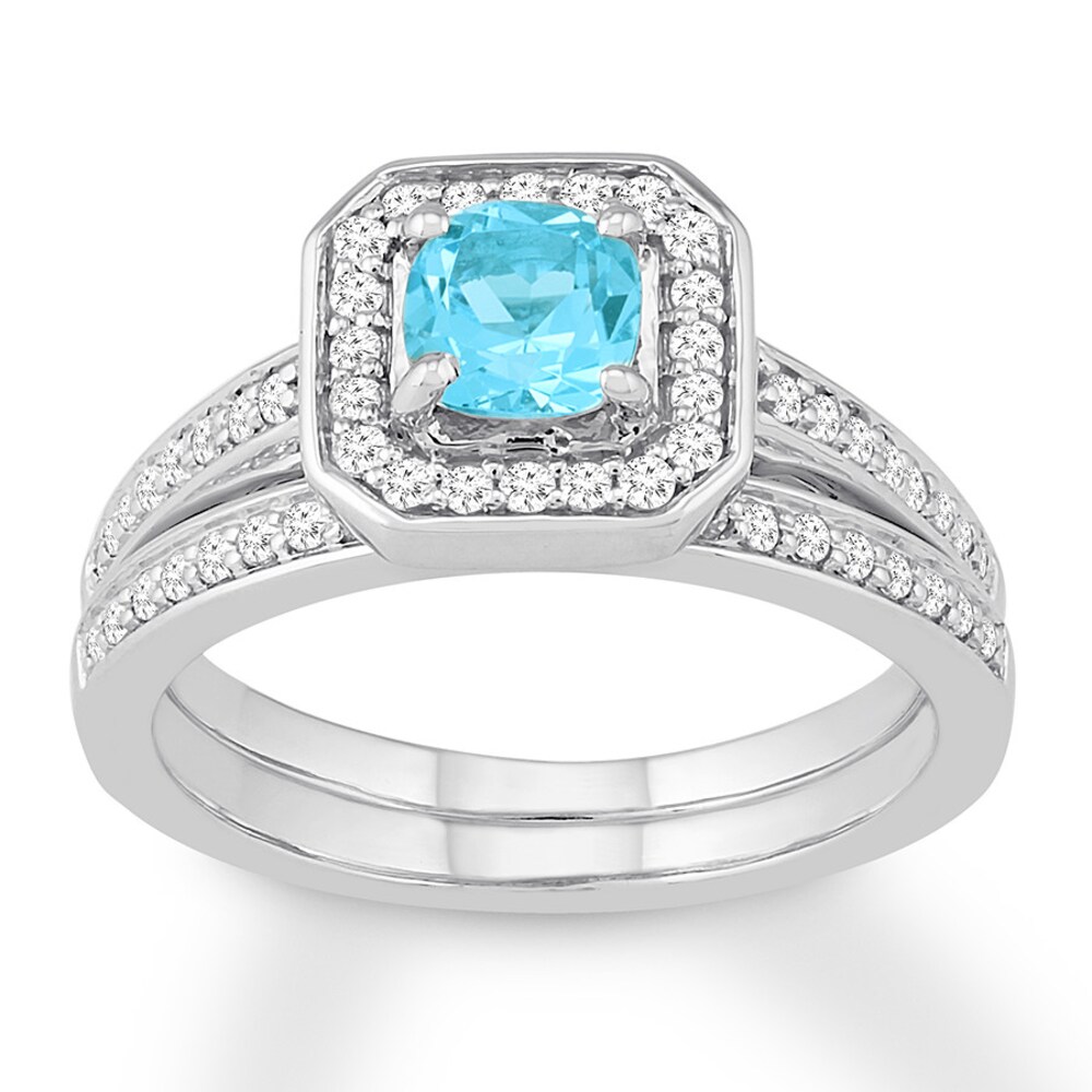 Blue Topaz Bridal Set 1/3 ct tw Diamonds 14K White Gold g47HP55m