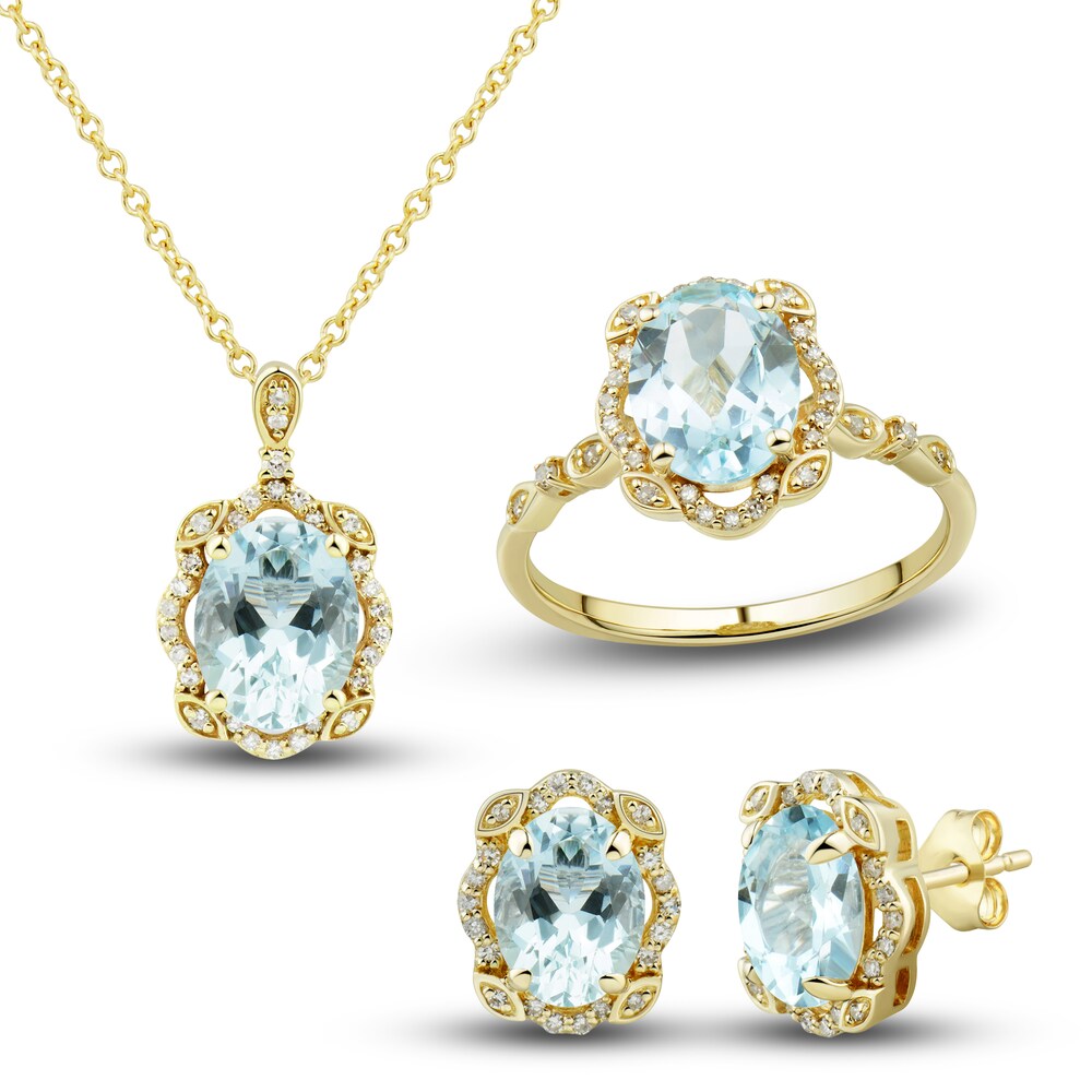 Natural Aquamarine Ring, Earring & Necklace Set 1/3 ct tw Diamonds 10K Yellow Gold olgdzgjI