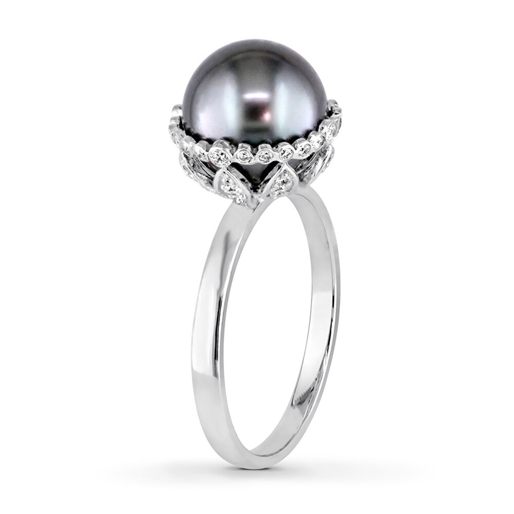 Black Cultured Pearl Ring 1/4 ct tw Diamonds 14K White Gold pHh3uLXI