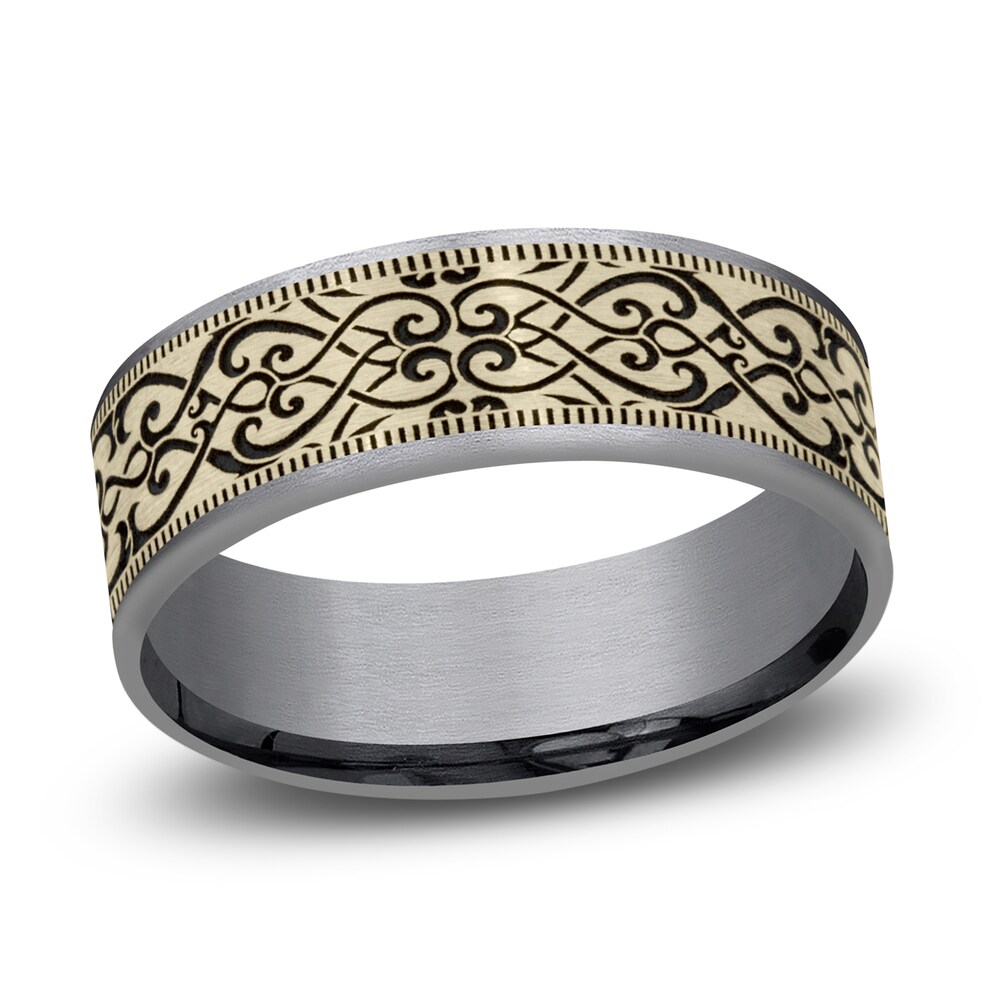 Men's Scroll Print Wedding Band Tantalum/14K Yellow Gold 7.5mm zBvUFXzt