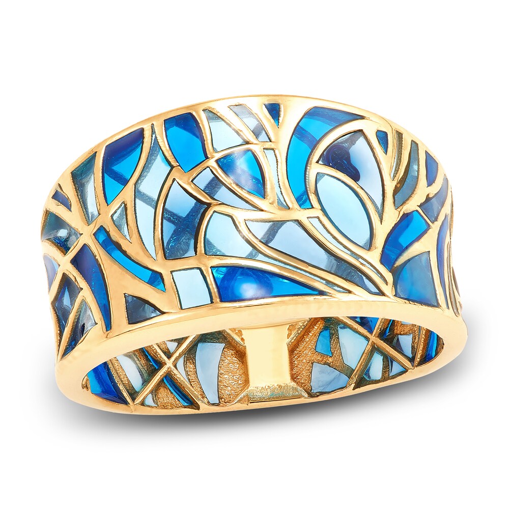 Italia D\'Oro Blue Enamel Diamond-Cut Ring 14K Yellow Gold zCuaoaCl