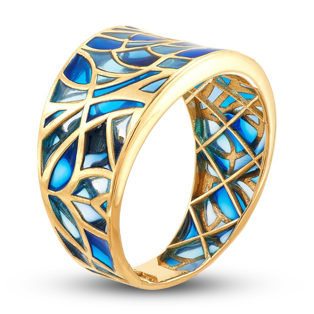 Italia D\'Oro Blue Enamel Diamond-Cut Ring 14K Yellow Gold zCuaoaCl