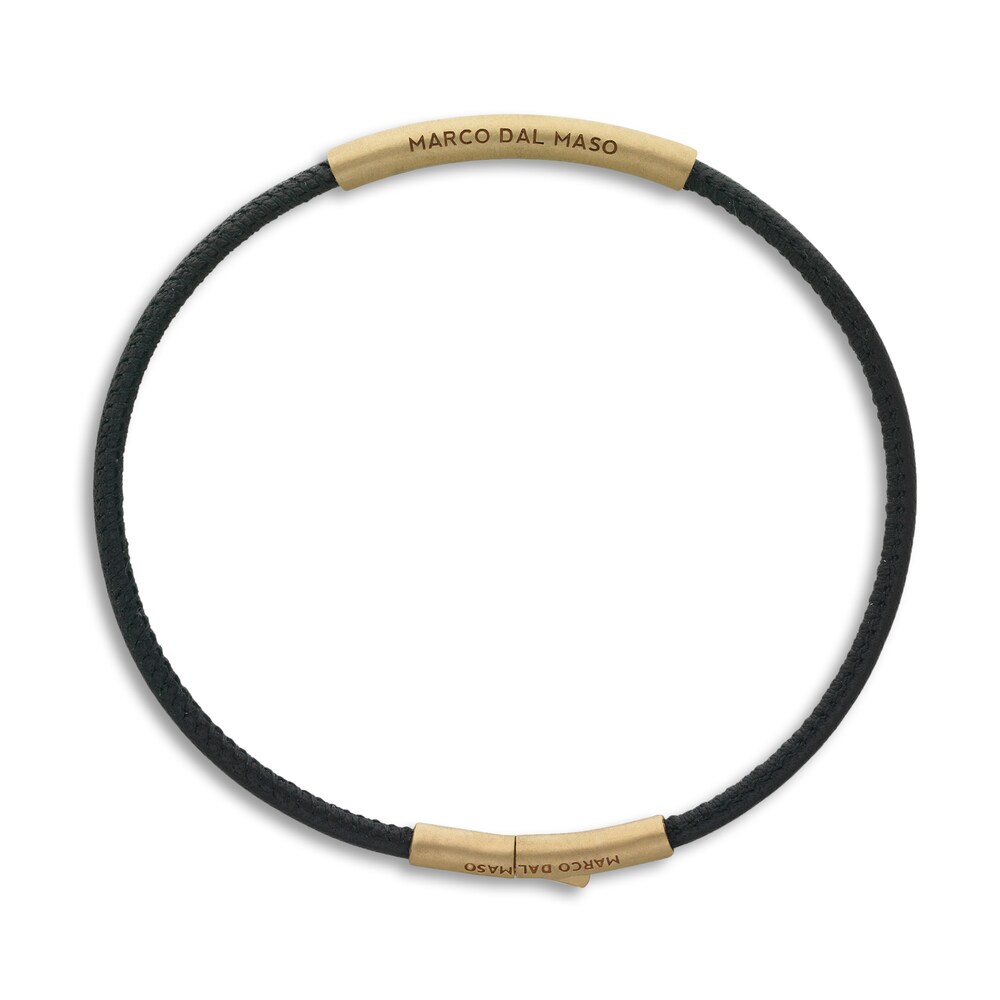 Marco Dal Maso Men\'s Thin Black Leather Bracelet Sterling Silver/18K Yellow Gold-Plated 54fznTU3