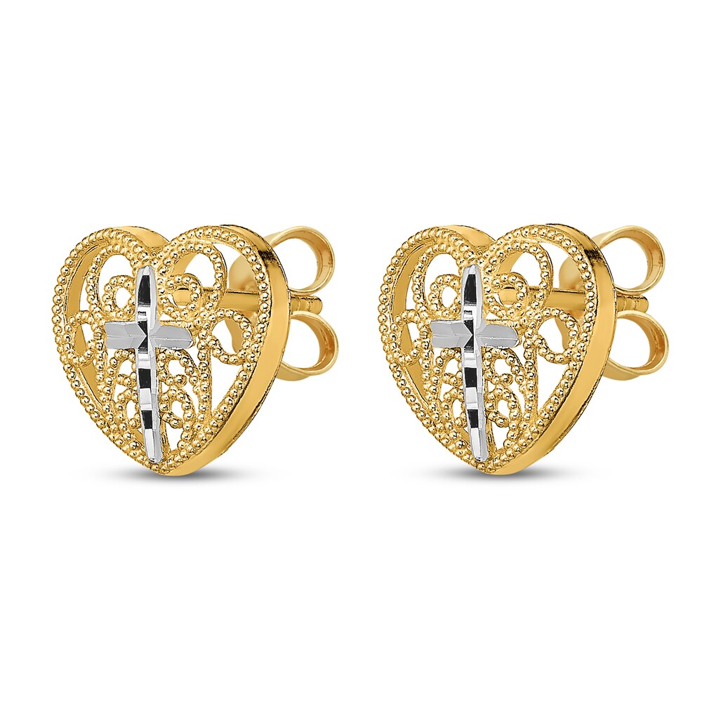 Filigree Cross Center Heart Stud Earrings 14K Two-Tone Gold 70pgAksn