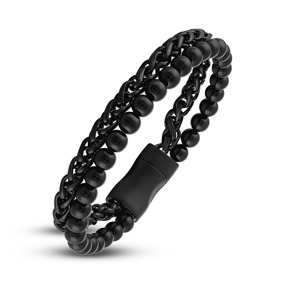 Men\'s Two-Layer Chain Bracelet Black Ion-Plated Stainless Steel 7m3RlGs5